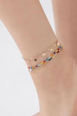 Layered Beaded Charm Anklet Set