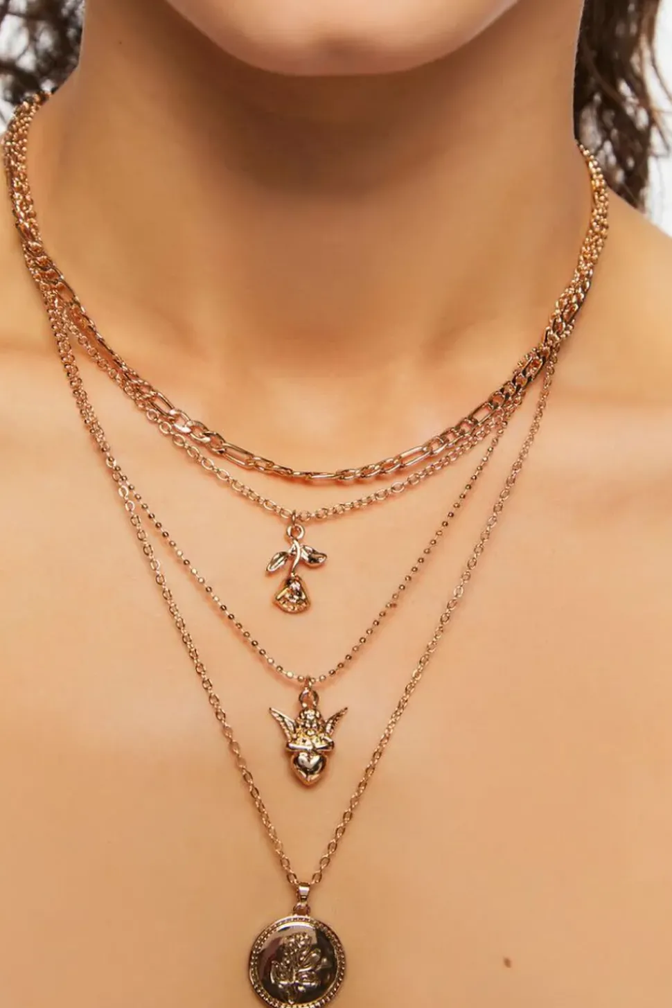 Layered Cupid & Rose Pendant Necklace