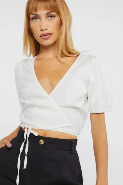Linen-Blend Cropped Wrap Top