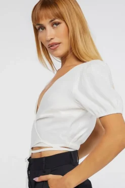 Linen-Blend Cropped Wrap Top
