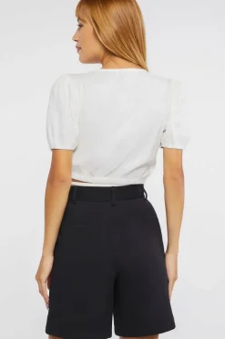 Linen-Blend Cropped Wrap Top