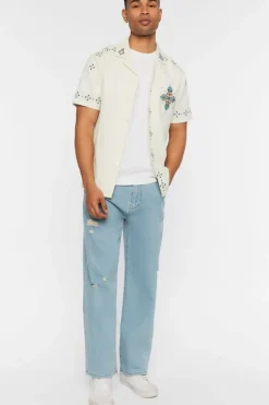 Linen-Blend Short-Sleeve Embroidered Shirt