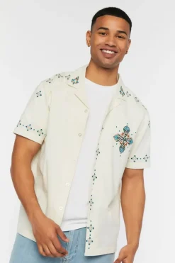 Linen-Blend Short-Sleeve Embroidered Shirt