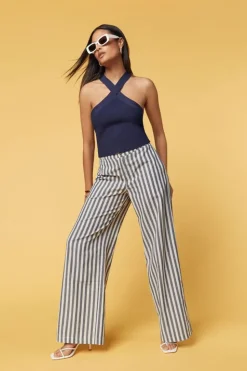 Linen-Blend Striped Wide-Leg Pants