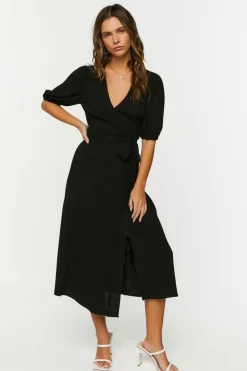 Linen-Blend Wrap Midi Dress