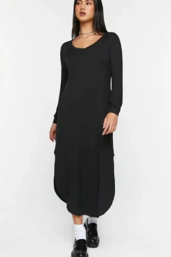 Long-Sleeve Dolphin-Hem Midi Dress