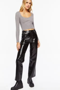 Marled Sweetheart Sweater-Knit Crop Top