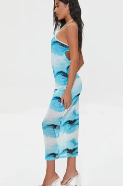 Mesh Abstract Print Midi Dress