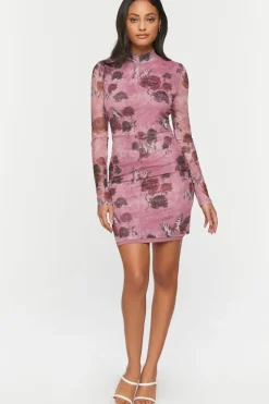 Mesh Butterfly Rose Print Mini Dress