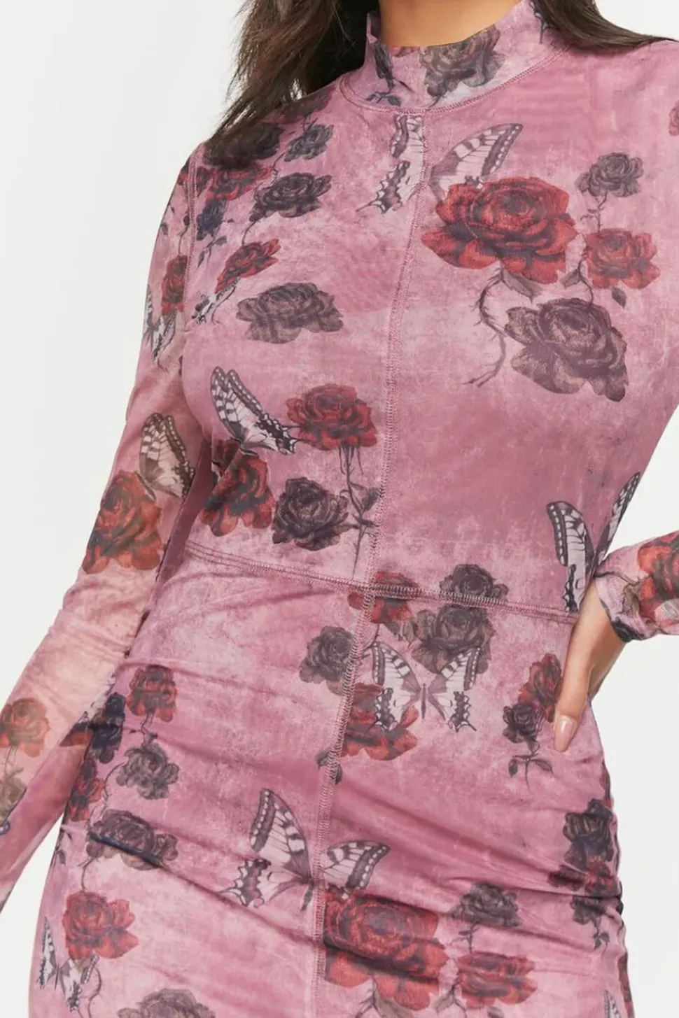 Mesh Butterfly Rose Print Mini Dress