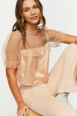 Mesh Clip-Dot Ruffle-Trim Top