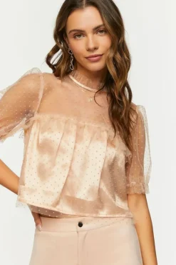 Mesh Clip-Dot Ruffle-Trim Top