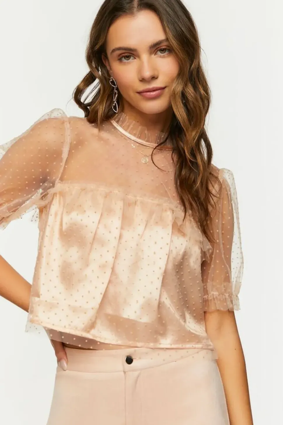 Mesh Clip-Dot Ruffle-Trim Top