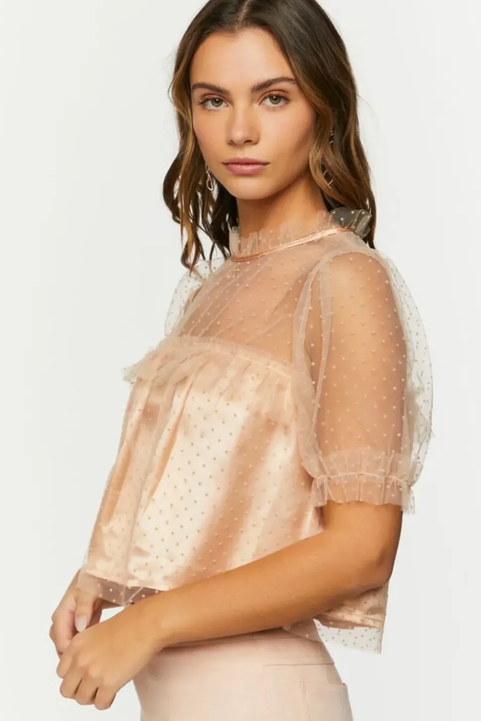 Mesh Clip-Dot Ruffle-Trim Top