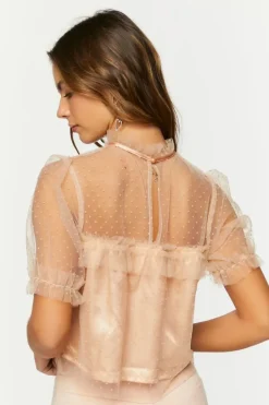 Mesh Clip-Dot Ruffle-Trim Top