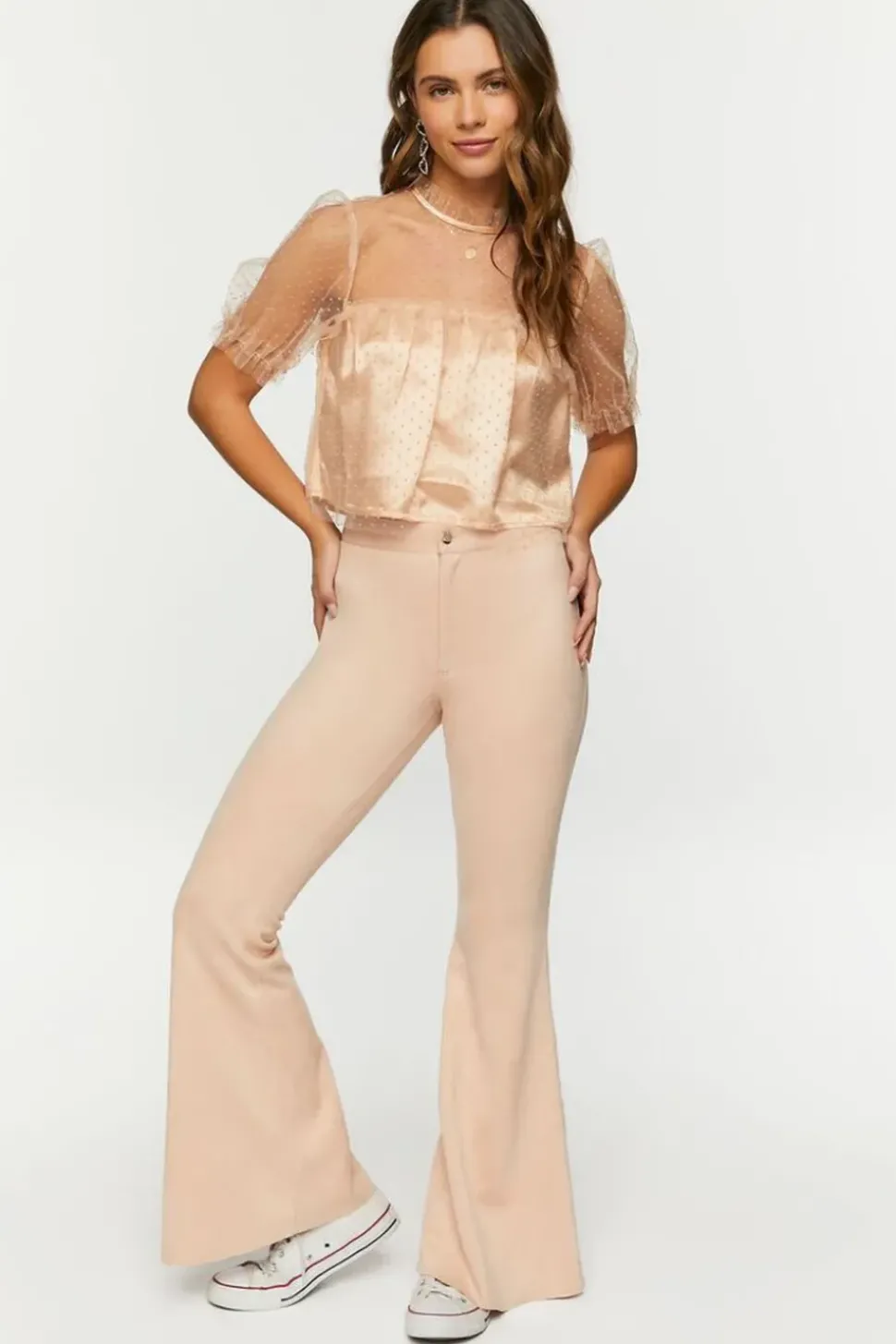 Mesh Clip-Dot Ruffle-Trim Top