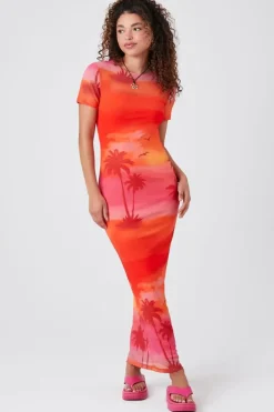 Mesh Palm Tree Midi Dress