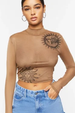 Mesh Sun & Moon Mock Neck Top