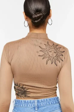 Mesh Sun & Moon Mock Neck Top
