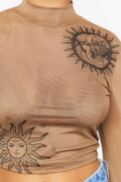 Mesh Sun & Moon Mock Neck Top