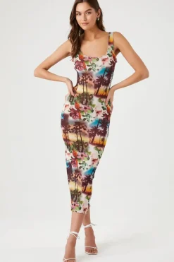 Mesh Tropical Print Midi Dress