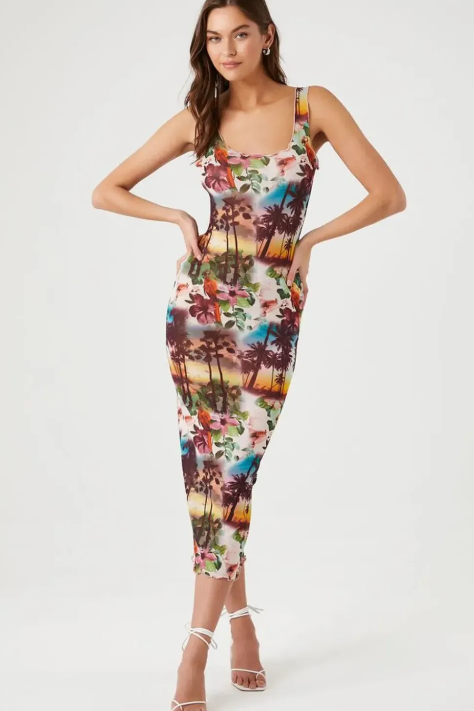 Mesh Tropical Print Midi Dress