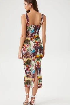 Mesh Tropical Print Midi Dress