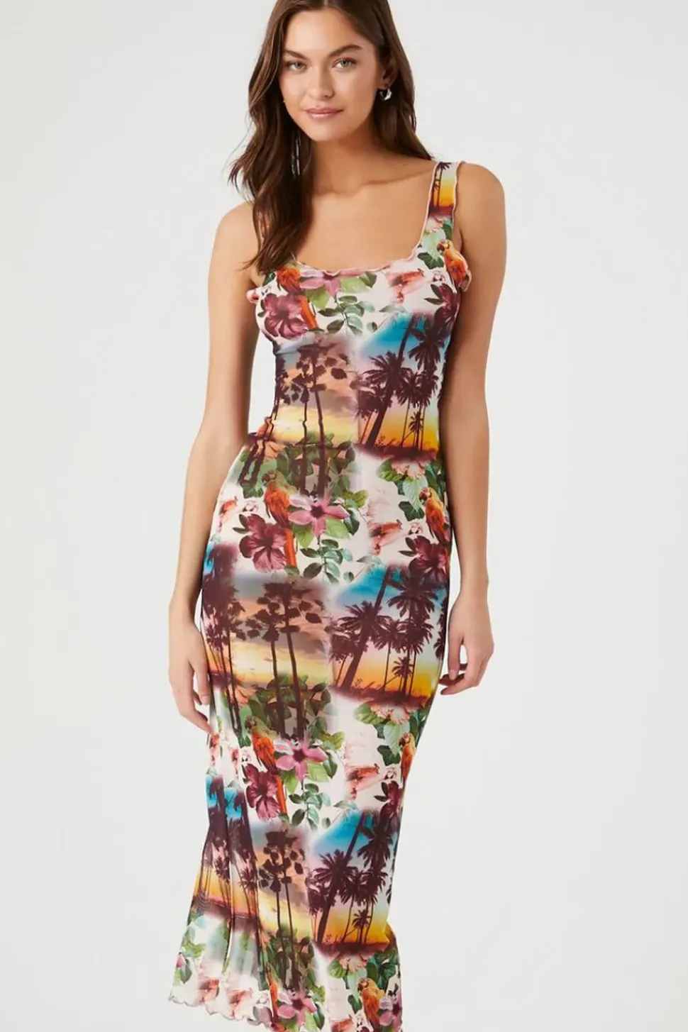 Mesh Tropical Print Midi Dress
