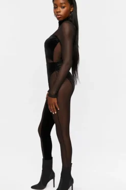 Mesh Velvet-Trim Jumpsuit