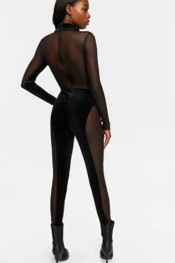 Mesh Velvet-Trim Jumpsuit
