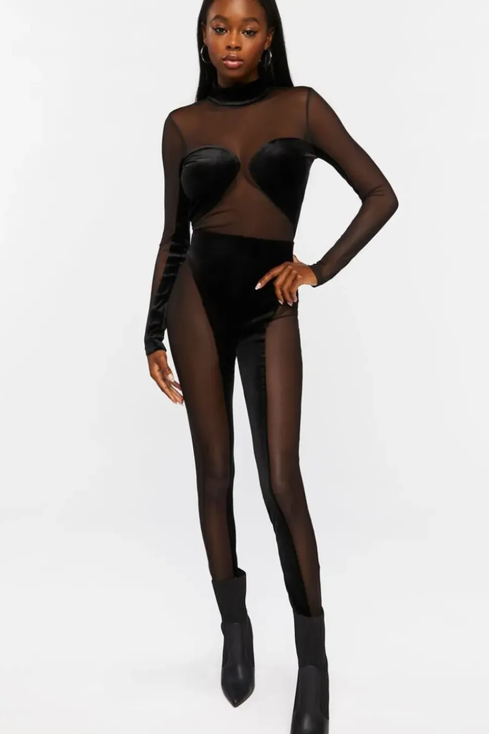 Mesh Velvet-Trim Jumpsuit