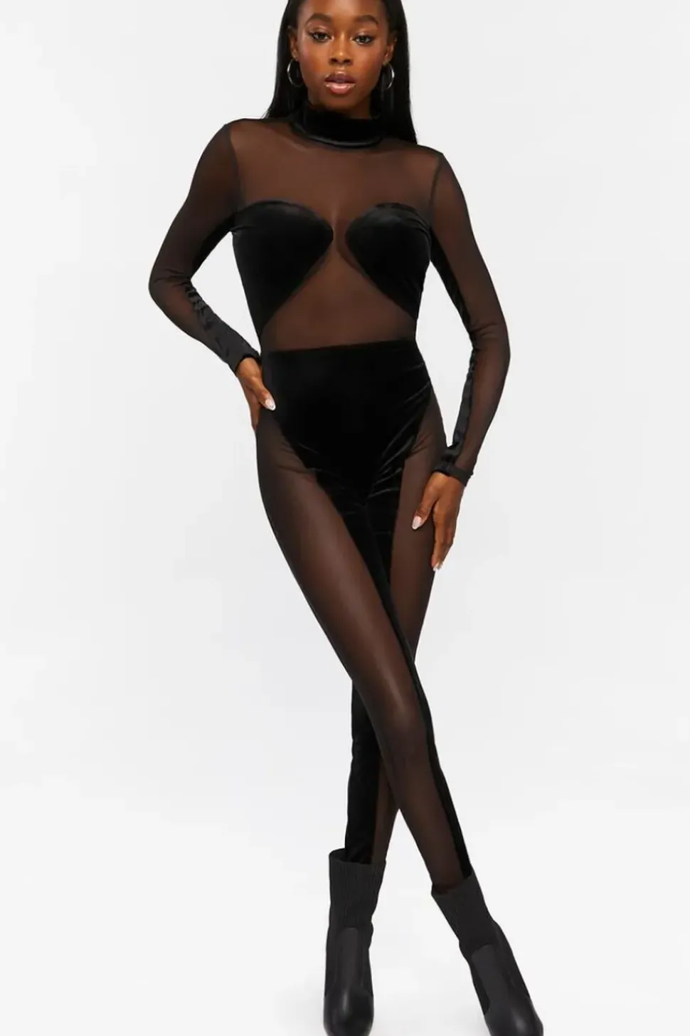 Mesh Velvet-Trim Jumpsuit