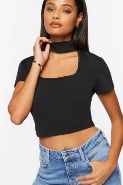 Mock Neck Cutout Crop Top