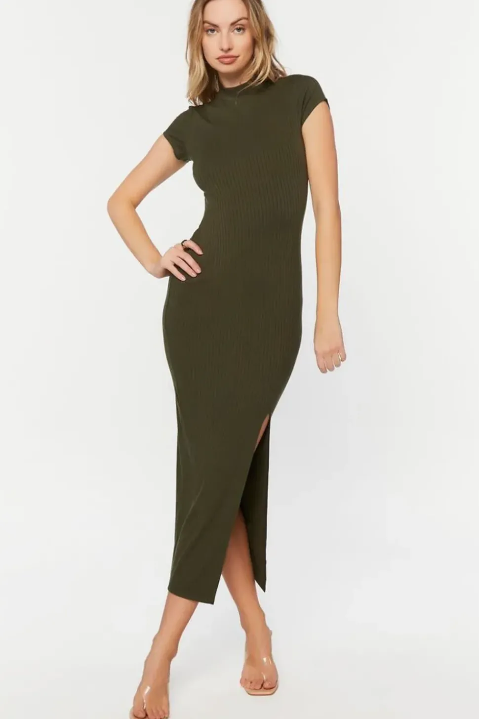 Mock Neck Short-Sleeve Slit Maxi Dress