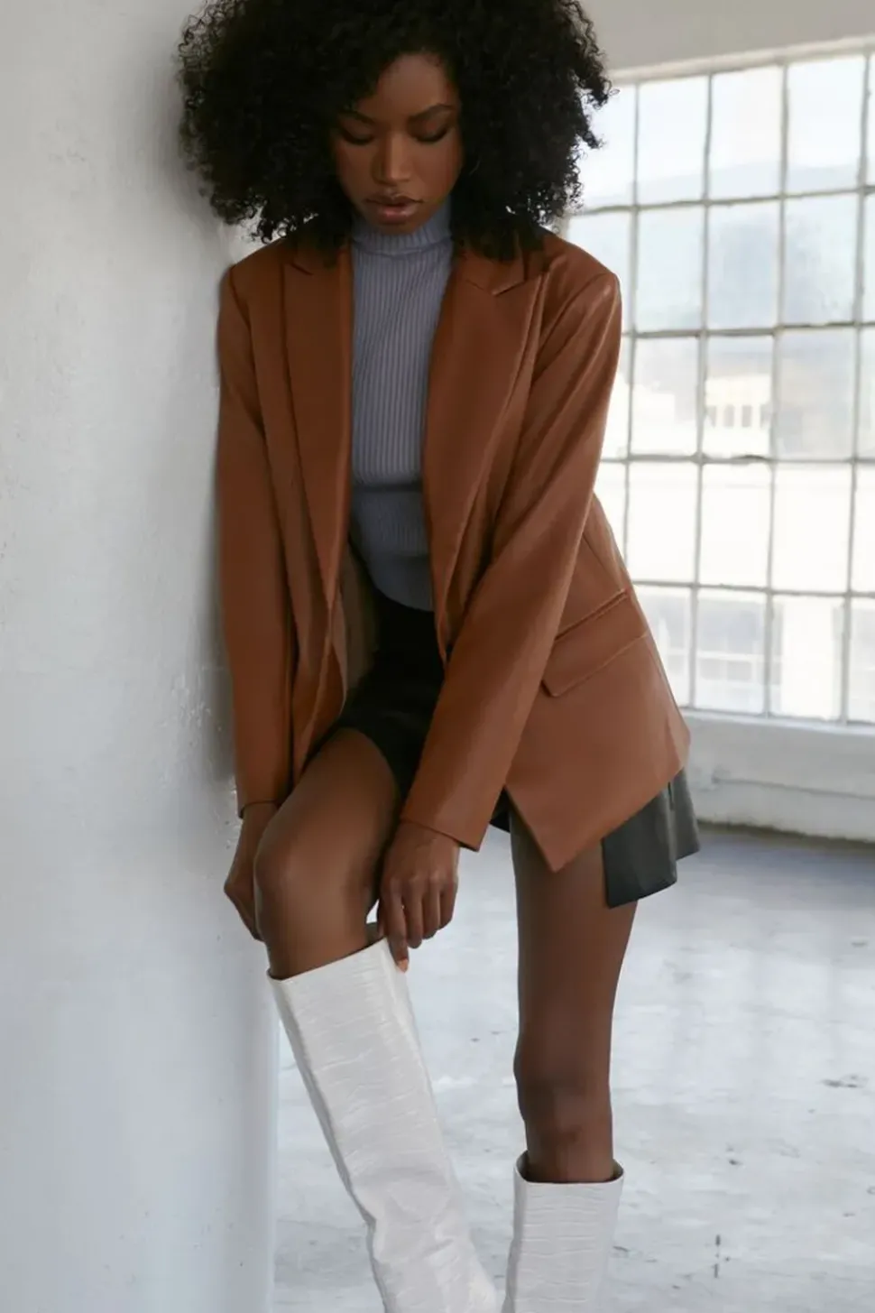 Notched Faux Leather Blazer