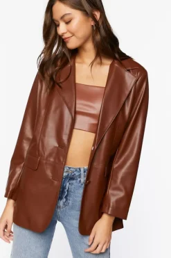 Notched Faux Leather Blazer