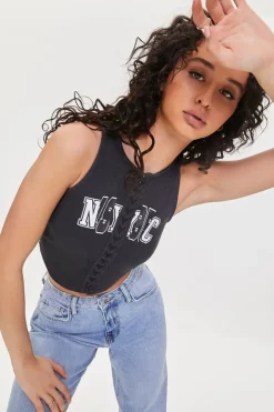 Nyc Graphic Lace-Up Crop Top