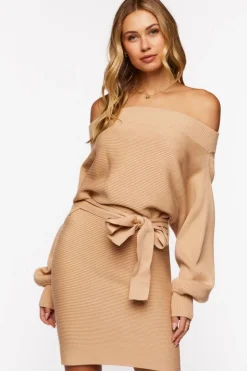 Off-The-Shoulder Belted Sweater Dress