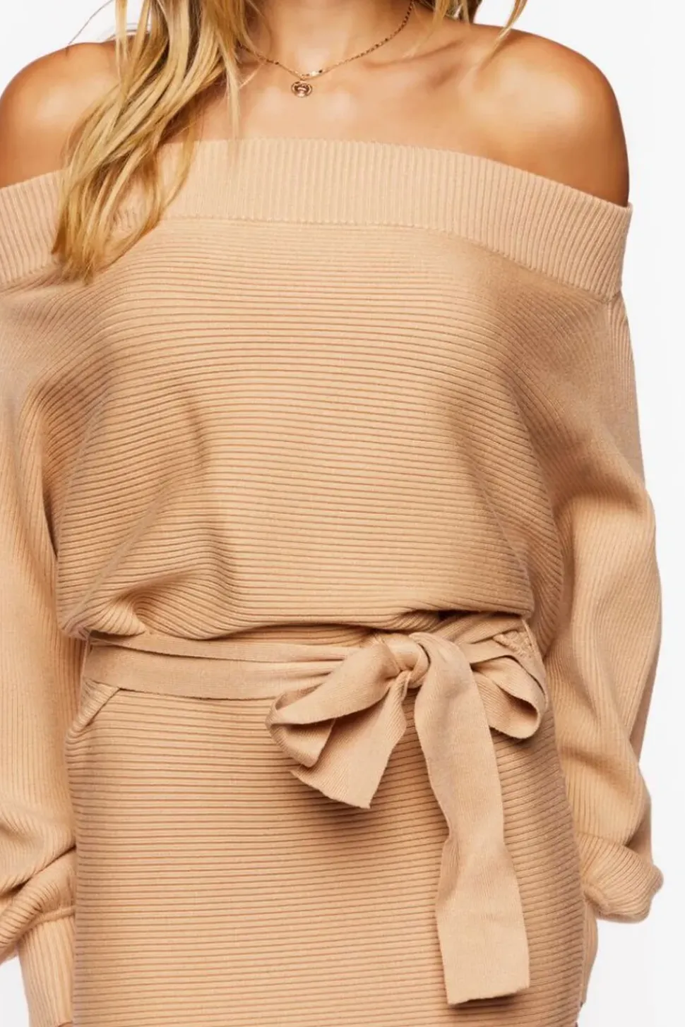 Off-The-Shoulder Belted Sweater Dress
