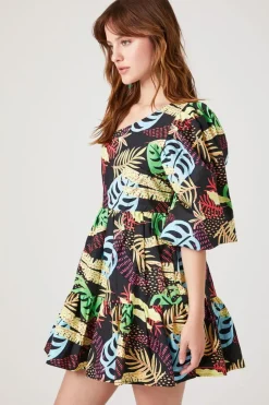 One-Shoulder Tropical Print Mini Dress