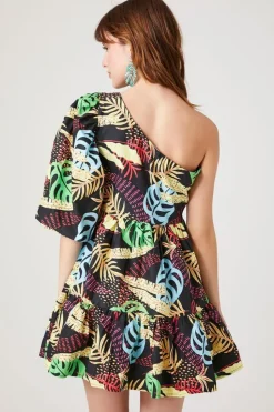 One-Shoulder Tropical Print Mini Dress