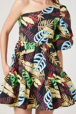 One-Shoulder Tropical Print Mini Dress