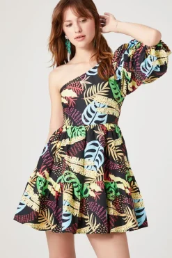 One-Shoulder Tropical Print Mini Dress