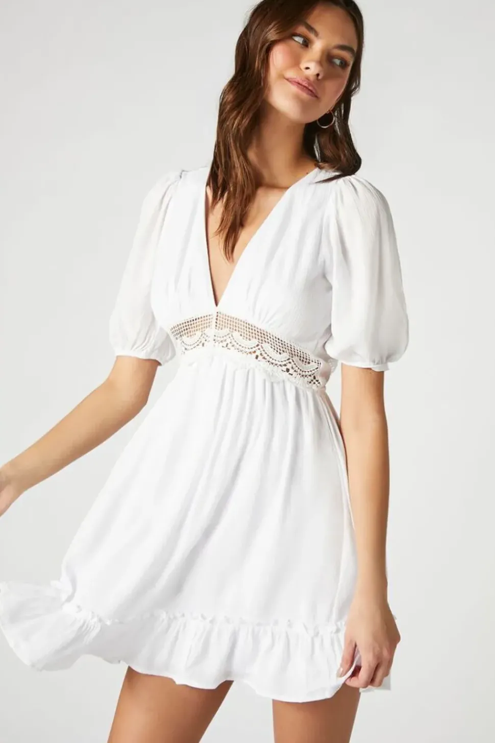 Open-Knit Puff-Sleeve Mini Dress