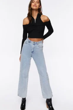 Open-Shoulder Half-Zip Crop Top