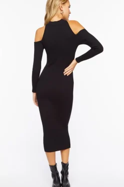 Open-Shoulder Sweater-Knit Midi Dress