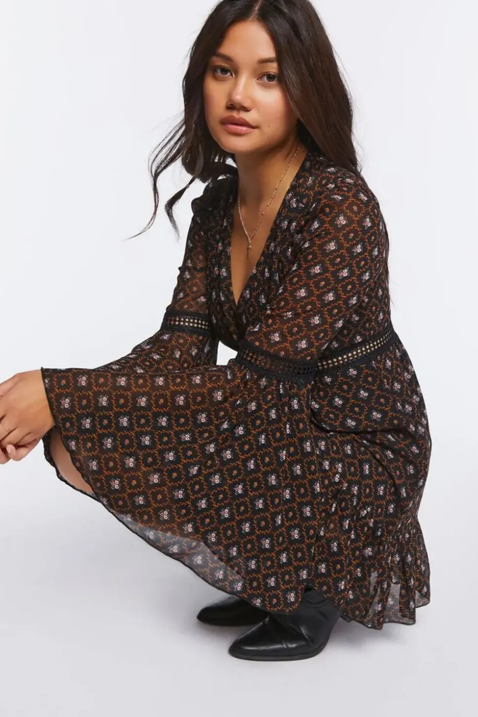 Ornate Floral Chiffon Mini Dress