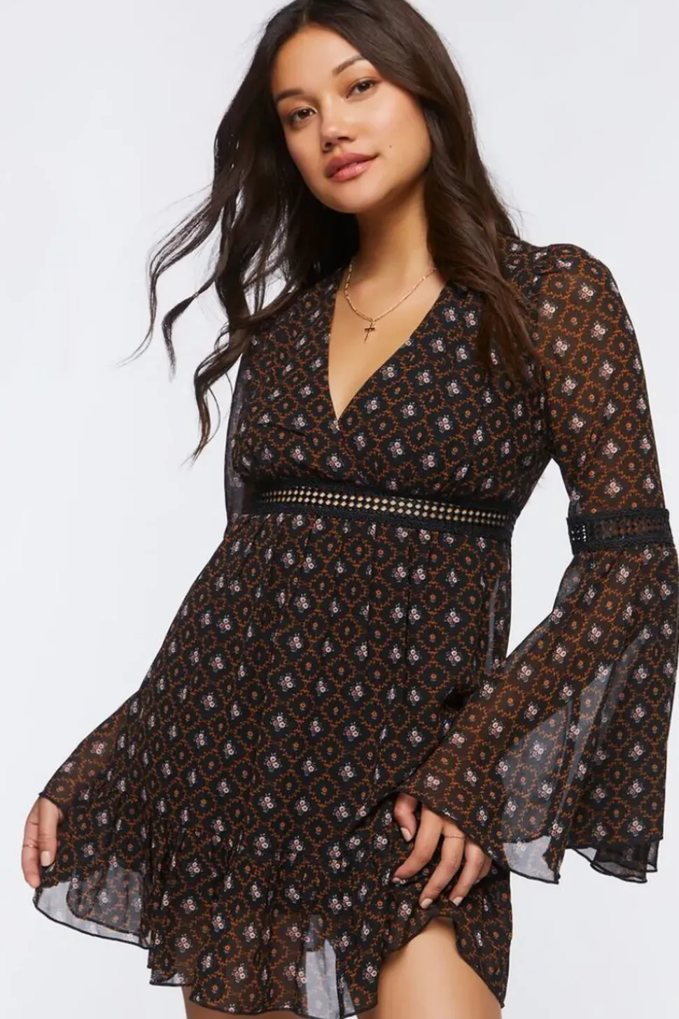 Ornate Floral Chiffon Mini Dress