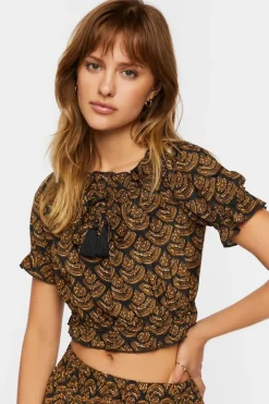 Ornate Print Puff-Sleeve Crop Top
