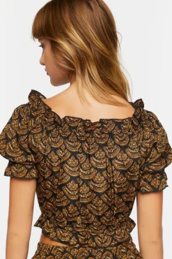Ornate Print Puff-Sleeve Crop Top